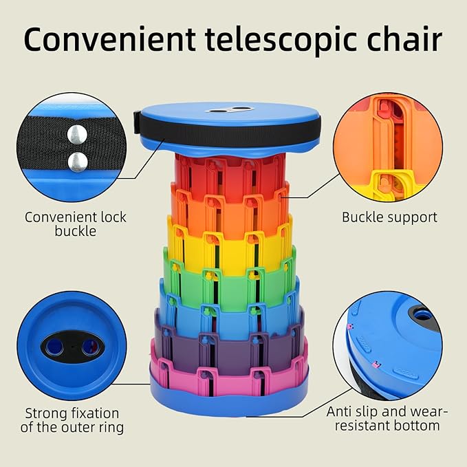 Upgraded Collapsible Stool - Adjustable Height (2.3"-17.3") -Second Fold, Portable Heavy Duty Folding Stool for Adults, 600lb Capacity - Compact to-Go Camping, Fishing, Outdoor Seat (Black)