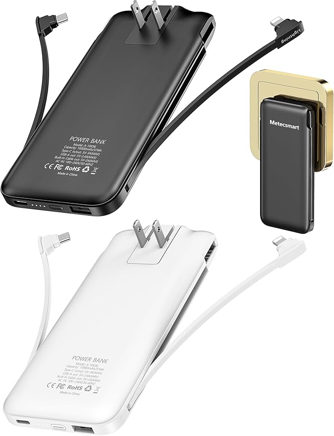 2-Pack 10000mAh Phone Portable Charger Power Bank, Built in Cable and AC Wall Plug, Fast Slim USB C Charging Battery Pack Travel Essentials Compatible with iPhone, Android, Black & White