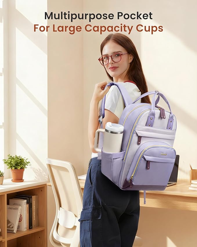 LOVEVOOK Laptop Backpack Women with Giant Cup Holder,15.6 inch Work Travel Backpack Computer Laptop Bag,Cute College Nurse Teacher Backpack Purse,Gift for Women & Men,Taro purple-Light purple-Purple