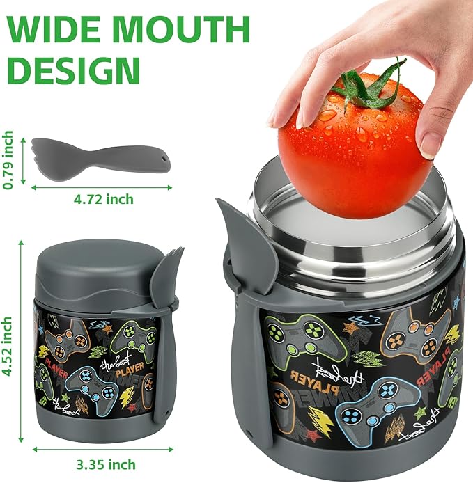 10oz Soup Thermo for Hot Food Kids Insulated Food Jar,Thermo Hot Food Lunch Container, Width Mouth Stainless Steel Lunch Box for Kids with Spoon (Black-Gamepad)