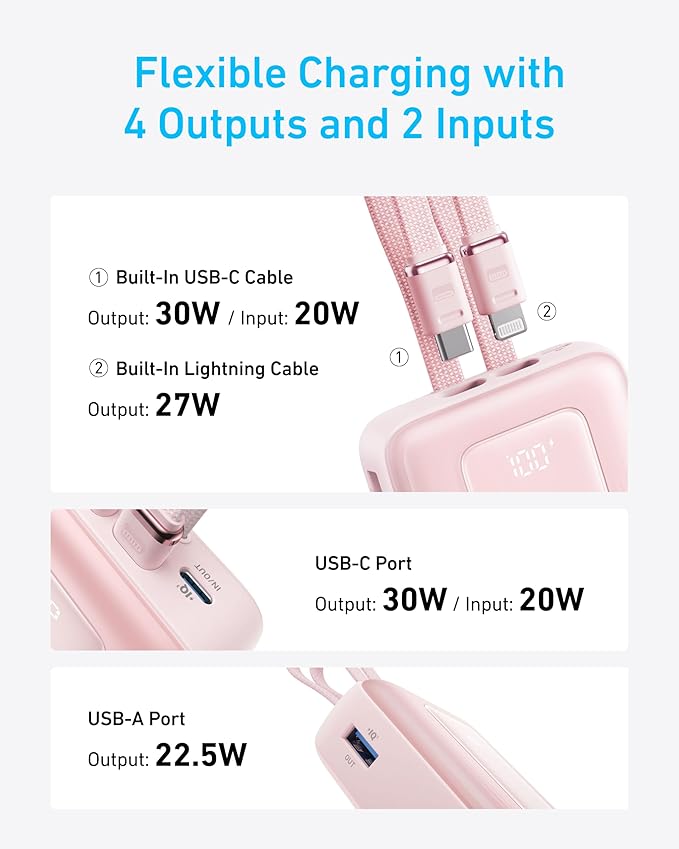 Anker Power Bank, 20,000mAh 30W Max Fast Portable Charger with Built-in USB-C and MFi Certified Lightning Cables, USB-C&A, Battery Pack for iPhone 17/16/15/14 Series, MacBook, Galaxy