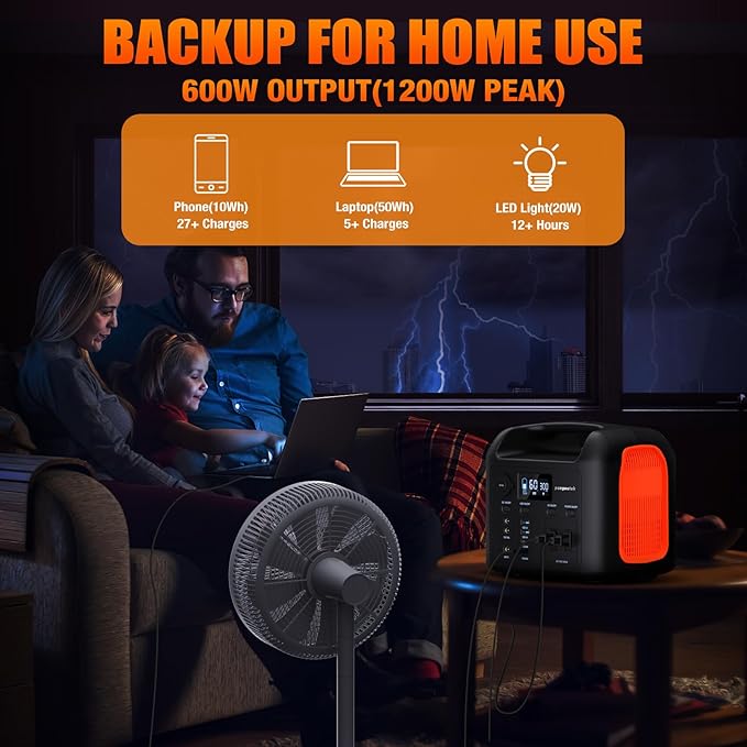 Portable Power Station, 600W (1200W Peak) 299Wh LiFePO4 Solar Generator Pure Sine Wave 110V AC Car Outlets PD 60W QC3.0 Backup Power Supply Bank for Camping, Blackout, CPAP