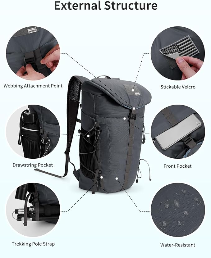 Blue Quartz Hiking Backpack 30L Lightweight Packable Backpack for Travel, Water Resistant Foldable Daypack for Women Men, Gray