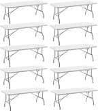 BTEXPERT Set of 10, Fold-in-Half Folding Utility Table 6 Feet 72" x 29.5" Lightweight Portable Carrying Handle Indoor Outdoor Picnic Camping Office Home Party Wedding Event White