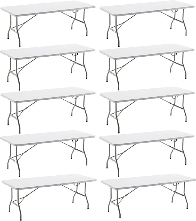 BTEXPERT Set of 10, Fold-in-Half Folding Utility Table 6 Feet 72" x 29.5" Lightweight Portable Carrying Handle Indoor Outdoor Picnic Camping Office Home Party Wedding Event White
