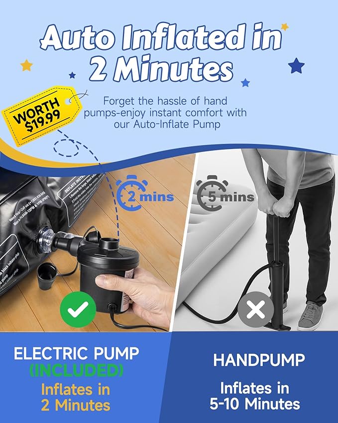 Inflatable Toddler Travel Bed with Safety Bumpers & 2 Mins Auto Inflation Pump, Portable Toddler Kids Air Mattress with Carry Bag for Home Grandma's Sleepovers Travel Camping, 330lbs Support