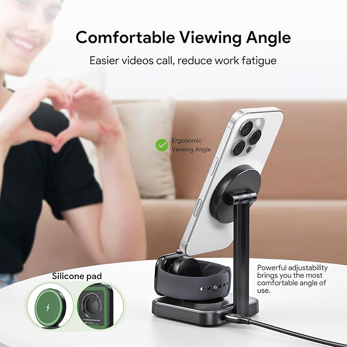 Esoulk 2 in 1 Wireless Charger for iPhone & Watch, 15W Fast Charging for Phone & 5W for Watch, Magnetic Wireless Charger Stand, Compact Foldable Charging Station for Travel