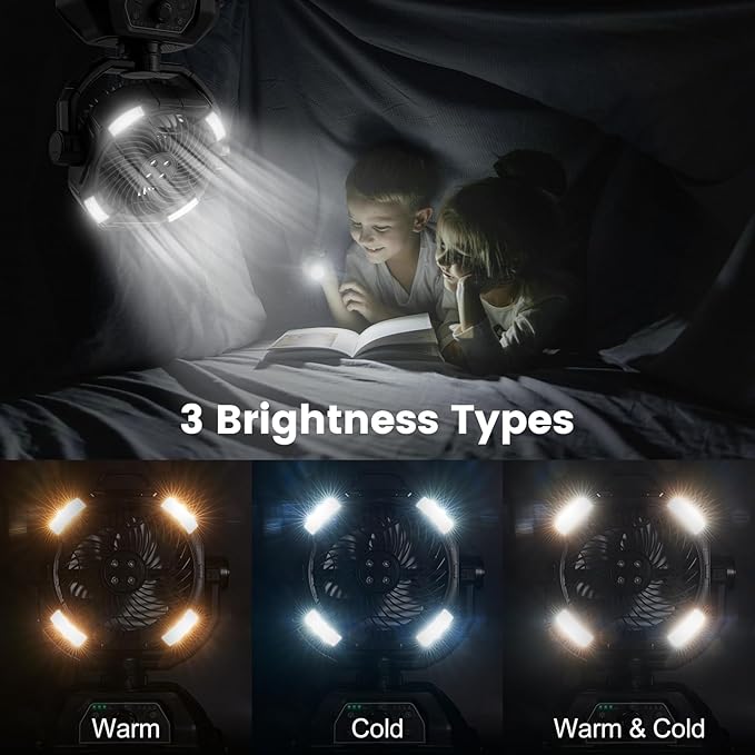 Odoland Portable Camping Fan with LED Light, 30000mAh Rechargeable Battery Operated Oscillating Fan with Remote & Hook, 6L Bucket Misting Fan for Outdoors Patios,Travel,Jobsite, Black