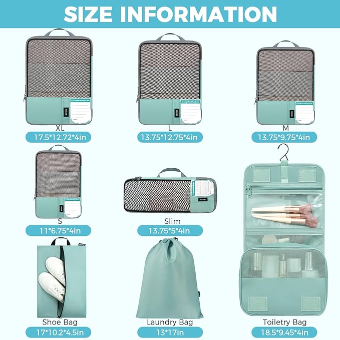 BAGAIL 4 Set/6 Set/8 Set Compression Packing Cubes Travel Accessories Expandable Packing Organizers(HalfMesh,8-DustyBlue)