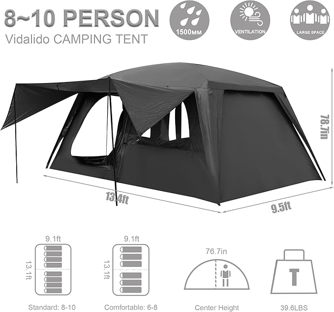 Vidalido 8-10 Person Camping Tent with 3 Door 2 Room Large Family Cabin Tents, Double Layer Waterproof Portable Glamping Tent, Big Tents for Outdoor Picnic Camping Hiking and Family Gathering