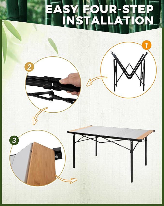 KingCamp Aluminum Folding Lightweight Roll Portable Stable Table for Camping Picnic Barbecue Backyard Party, Indoor & Outdoor, Oversize, Silver Black (Extended Pro, #6P Bamboo)
