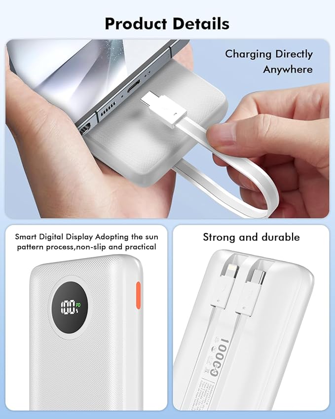 Portable Charger 10000mAh 22.5W PD/QC3.0 Fast Charging Power Bank with Built-in Lightning and Type-C Cables 5V-4.5A Slim for iPhone 16/15/14/13,Samsung,iPad,Tablets,Google Pixel,AirPods and More