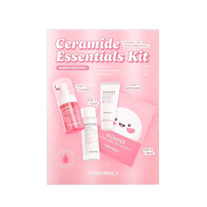 TONYMOLY Wonder Ceramide Mochi Essentials 4-Piece Skincare Set – Hydrating Korean Skincare Travel Kit with Ceramides, Hyaluronic Acid & Cica – Barrier Repair Routine for Dry & Sensitive Skin