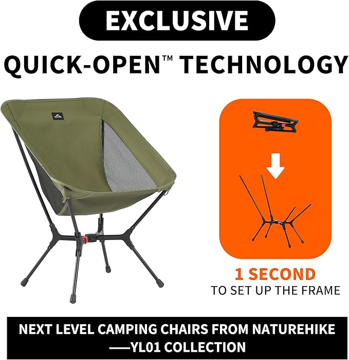 Naturehike YL01 Snap Camping Chair, 1 Second Setup Frame, 441lb Capacity, Portable Backpacking Chair with Storage Bag, Lightweight & Compact Folding Camp Chair for Backpacking Camping Fishing