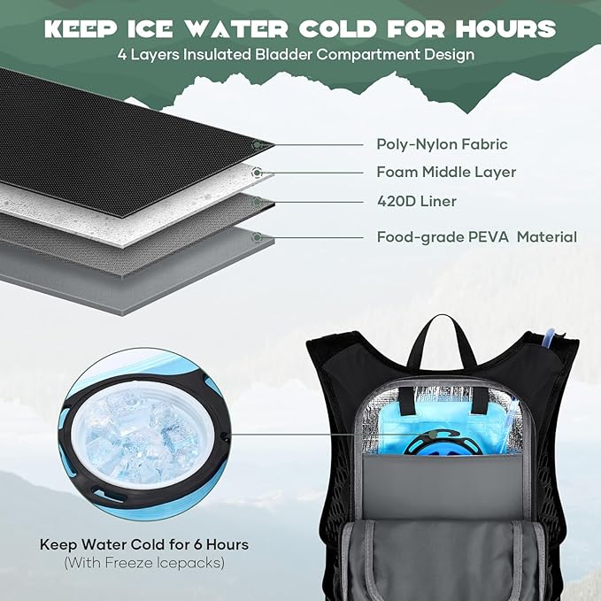 Maelstrom Hydration Hiking Backpack with 2L/3L Water Bladder, High Flow Bite Valve Camping Daypack Lightweight