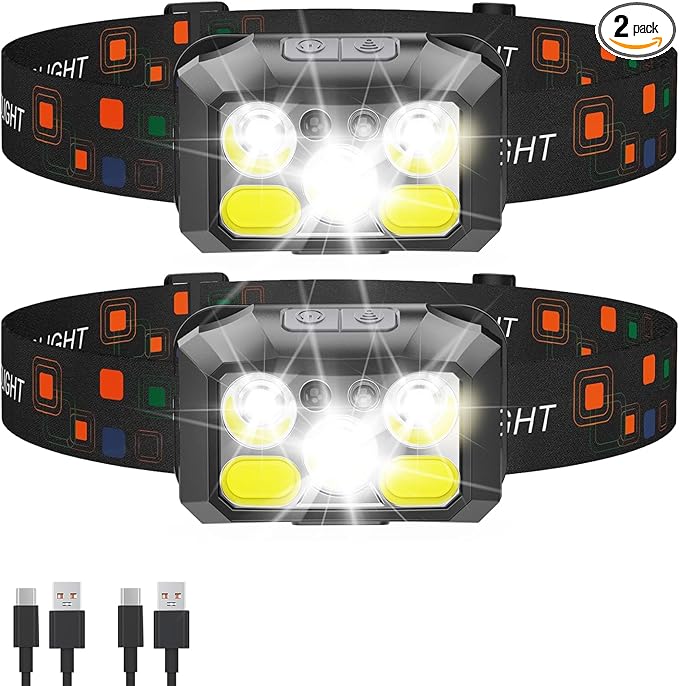 Rechargeable LED Headlamp 2-Pack, 800 Lumens, USB-C, IPX4 Waterproof, 8 Modes, Red & White Light — Lightweight, Adjustable, Hard Hat Clips Included; for Camping, Hiking, Running, Fishing & Repairs