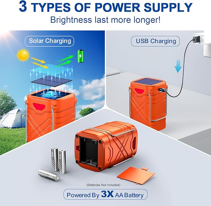 LETMY 4 Pack Camping Lantern, Rechargeable LED Lanterns, Solar Lantern Battery Powered Hurricane Lanterns Flashlight with 3 Powered Ways & USB Cable for Emergency, Power Outage, Hurricane Supplies