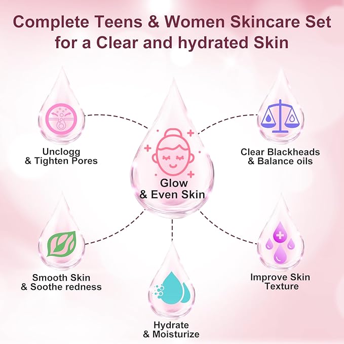 Women Teens Skin Care Set, 6 PCS Skincare Set for Acne Prone & Enlarged Pore Skin W/ Korean Salicylic Acid ,Anti-Allergy ,Deep Clean, Hydrating, Calming, Unclog & Minimize Pores for All Skin Types
