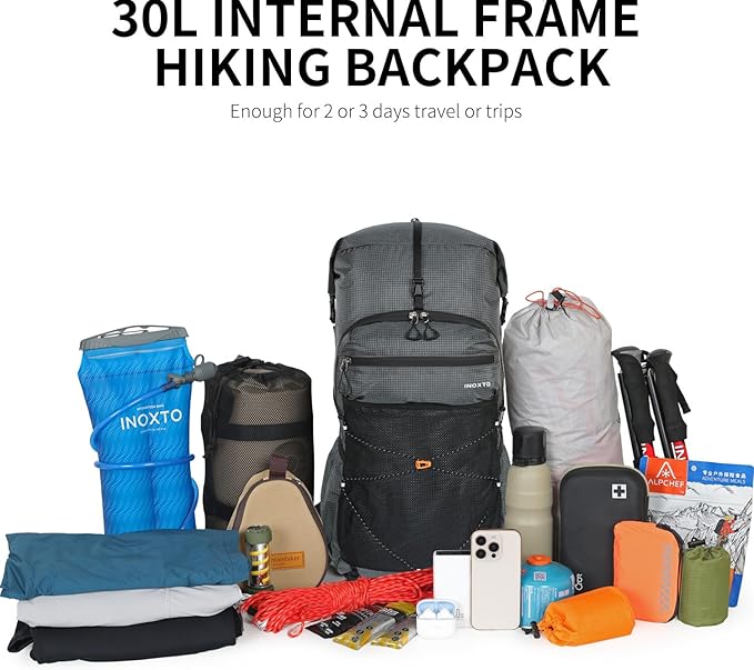 Hiking Backpack for Men and Women, 30L Waterproof Camping Backpack with 3L Water Bladder and Rain Cover, Lightweight Outdoor Sport Travel Daypack Rucksack for Climbing Cycling (Dark gray)