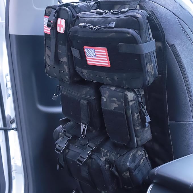 Universal Tactical Car Seat Back Organizer Bag Tactical Molle Vehicle Organizers Panel Vehicle Protector Organizers with 5 Detachable Pouches for Car Truck Ford Jeep (Upgraded D model Black camo)