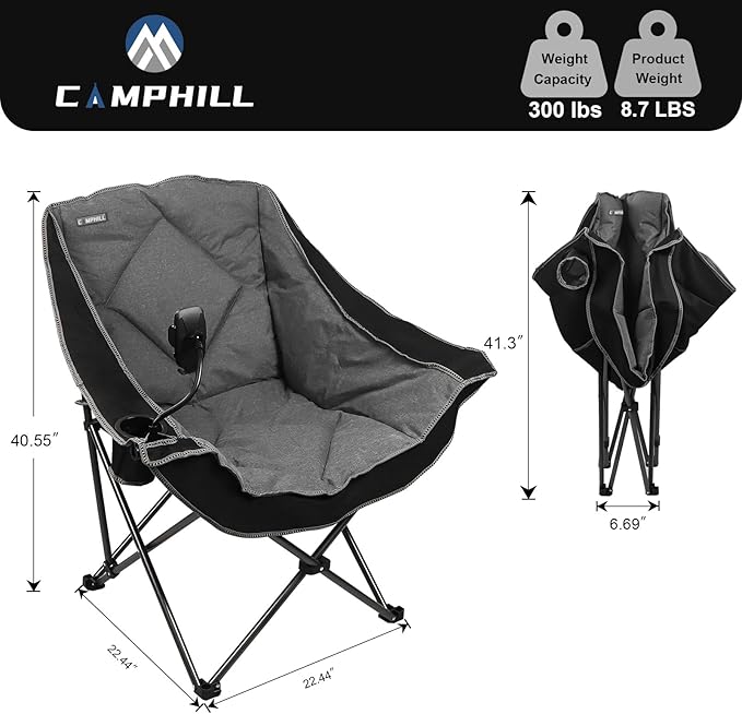 Folding Camping Chair,Oversized Portable Camping Chair with Cup Holder and Phone Holder,Heavy Duty Padded Lawn Chair for Camping, Tailgates, Beach, and Sports