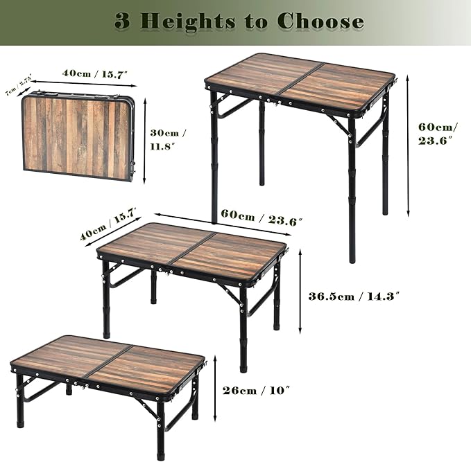 Small Folding Camping Table, 2ft Portable Picnic Table Aluminum 24" x 16" Folding Table, 3 Adjustable Heights Portable Lightweight Table Dining Table for RV, Picnic, Beach (Wood Grain)