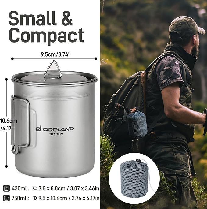 Odoland Titanium Camping Cookware 420ML & 750ML Titanium Pot with Lid and Spork Lightweight Camping Pot for Backpacking Hiking Traveling and Picnic