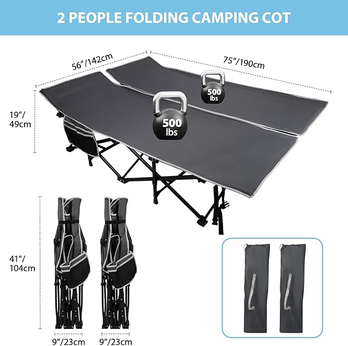 REDCAMP 2 Person Oversize Camping Cots for Adults, 56'' Extra Wide Sleeping Cots Heavy Duty, XXXL Cots Portable for Outdoor Indoor Office, Grey
