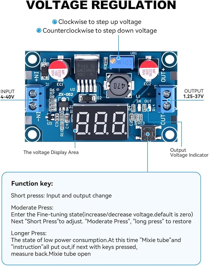 LM2596 DC-DC Buck Power Converter Module, Adjustable Voltage Regulator 4-40V to 1.25-37V Buck Converter with LED Voltmeter Display (Pack of 6)