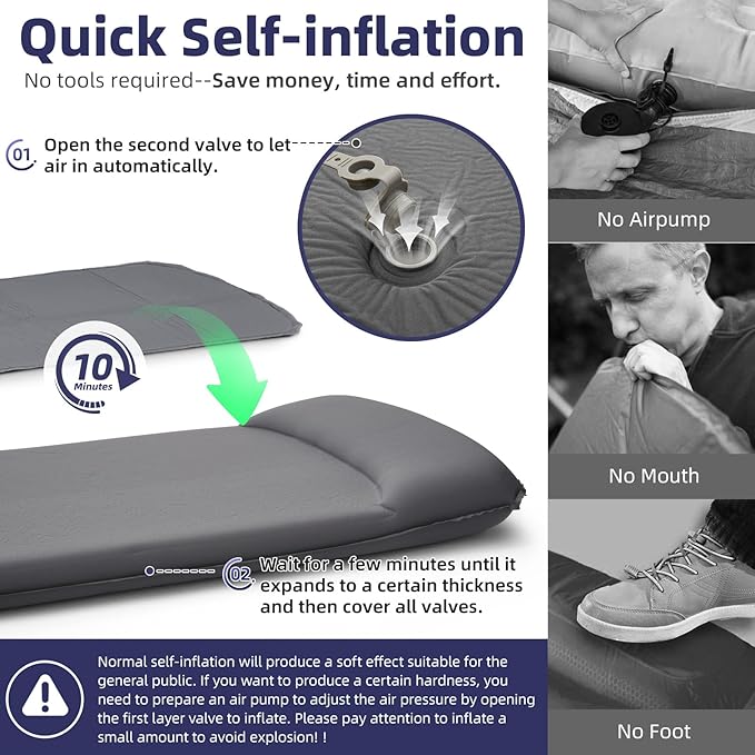 INVOKER Camping Sleeping Pad 2.75” Memory Foam Fast Self Inflating Insulated Durable Camping Mat Air Mattress with Pillow，for Tent, Traveling, Car, Camping, Grey