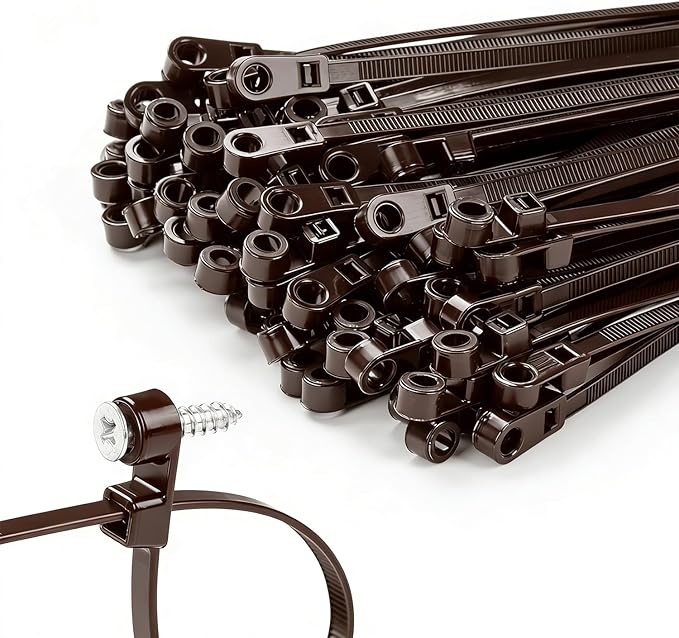 200 PCS 10 inch Brown Zip Ties with Screw Hole 70lbs Mountable head Cable Ties Straps Multipurpose Heavy Duty Nylon Cable Zip Ties with Screw Mounting Hole