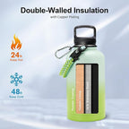 Trebo 64 oz Water Bottle Insulated with Paracord Handle and Straw, Half Gallon Vacuum Stainless Steel Large Water Jug Keep Cold 48 Hours, Reusable Water Flask with 3 Lids for Men Women Gym, Dark Green