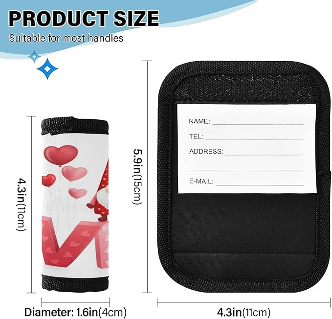 4 Pack Valentines Dwarf Luggage Handle Wrap, Detachable Luggage Tag, Neoprene Suitcase Wrap with Comfort Grip & Bright Identifier for Suitcase, Travel Bag, Sports Bag