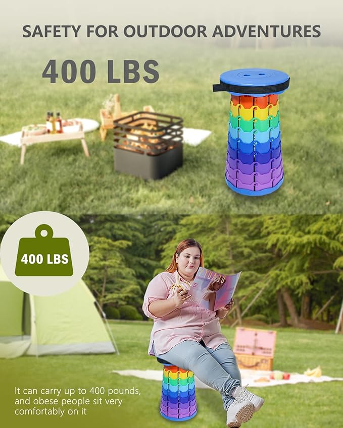 Upgraded Collapsible hickened Portable Camping Stool with Adjustable Height and Retractable for Fishing, Hiking, BBQ, Concert Party, Outdoor (Rainbow Blue)