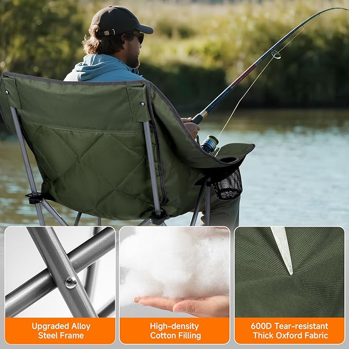 Oversized Camping Chair, Portable Folding Padded Camping Chairs with Cup Holder and Carry Bag, Heavy Duty Outdoor Camping Chairs for Adults, Up to 400Lb, for Fishing Sports (Green-2 Pack)
