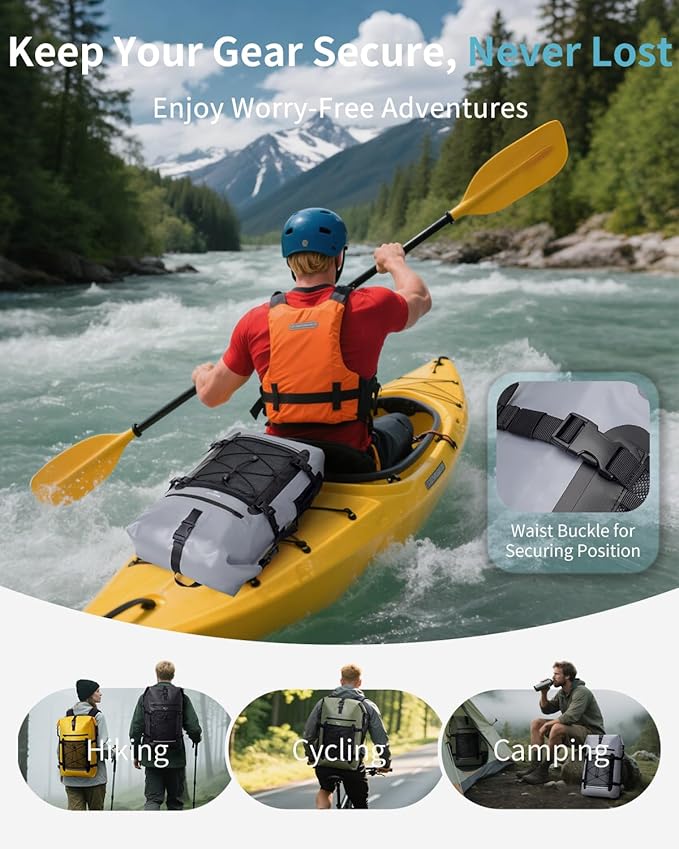 ECOHUB Waterproof Backpack for Women Men, 30L Roll-Top Closure Heavy Duty Dry Bag for Travel with IPX8 Waterproof Phone Case