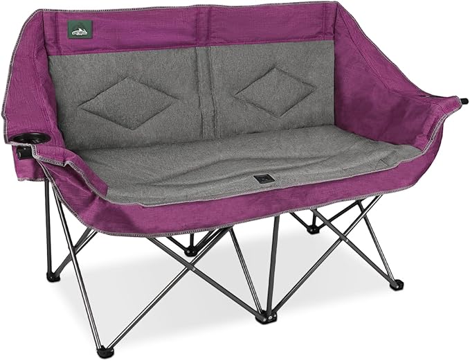 Northroad Folding Loveseat Camping Chair Portable Double Duo Full Padded Garden Sofa Chair for 2 Person w/ 2 Cup Holder,Wine Glass Holder,Support 600lbs for Outdoor Travel (Purple)