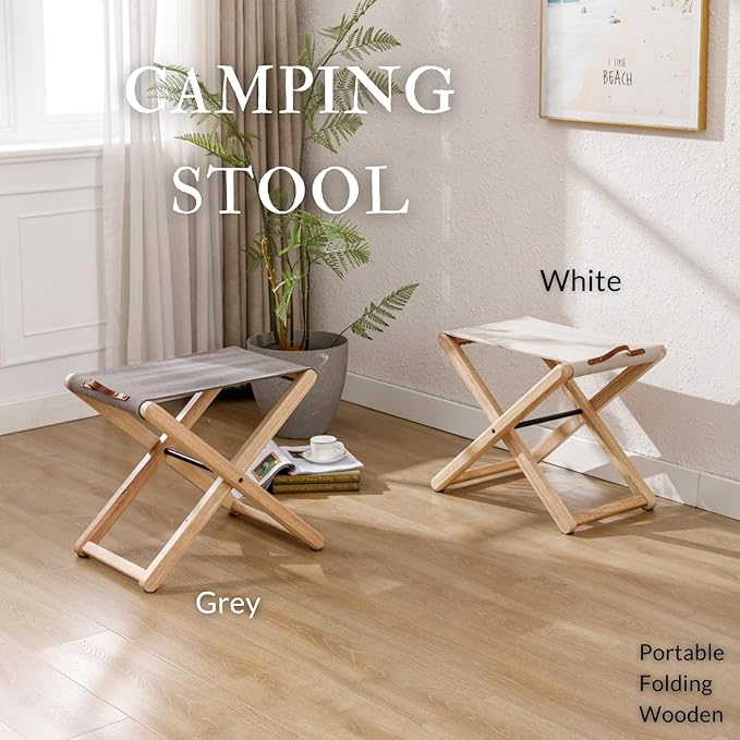 Folding Canvas Camp Stools Set of 2, Wood Folding Camping Stool Patio Portable Foot Stool for Garden Outdoor Fishing Picnic Travel BBQ, Grey