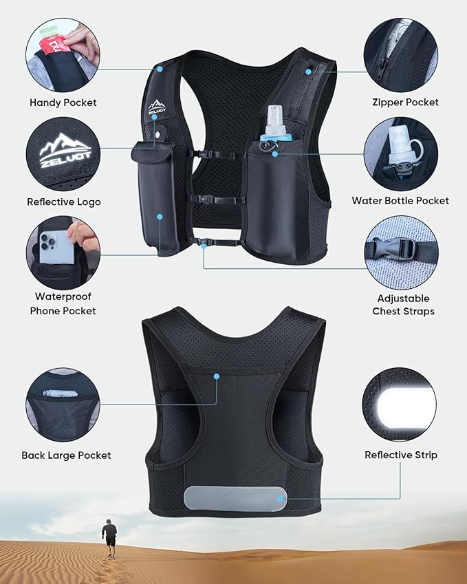 Running Vest for Women Men, USA Original Patent, Adjustable Chest Straps Running Hydration Vest with 500ml Soft Flask, Lightweight Reflective Hydration Backpack for Marathon