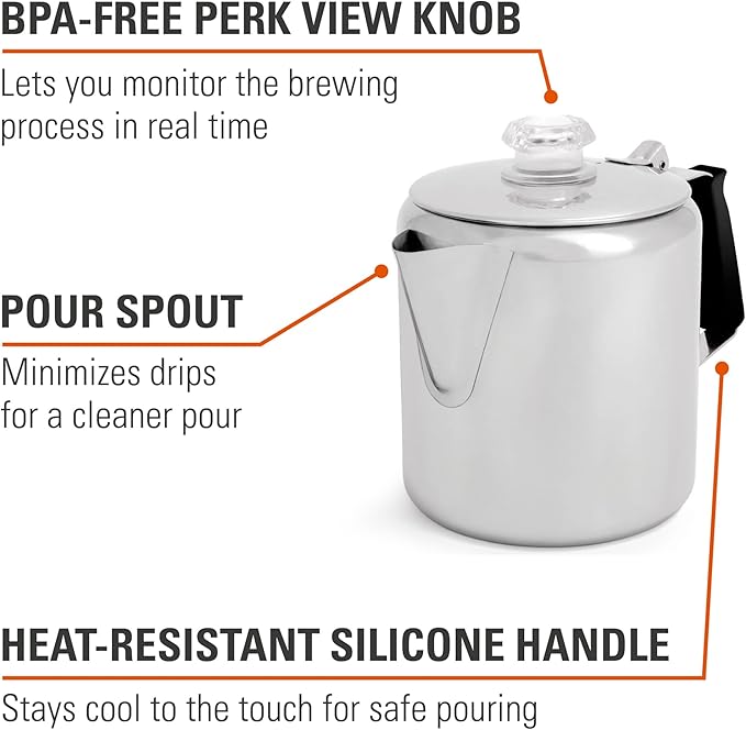 GSI Outdoors Percolator Coffee Pot I Glacier Stainless Steel with Silicone Handle for Camping, Backpacking, Travel, RV & Hunting - Stove Safe