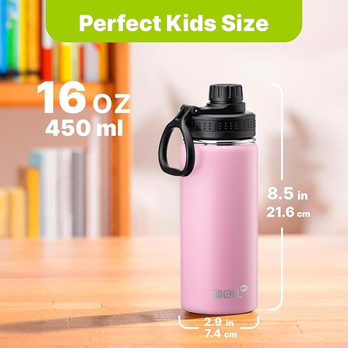 Kids Insulated Water Bottle-16 oz Stainless Steel Vacuum Wide Mouth Sports Flask with Silicone Boot-Reusable Metal Leak Proof Travel Water Bottle for Girls Boys, BPA-Free(Purple Pink)