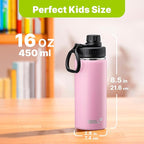 Kids Insulated Water Bottle-16 oz Stainless Steel Vacuum Wide Mouth Sports Flask with Silicone Boot-Reusable Metal Leak Proof Travel Water Bottle for Girls Boys, BPA-Free(Purple Pink)