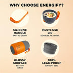 ENERGIFY Vacuum Insulated Food Jar. Large 17oz Bowl incl. Folding Spoon, Cup. Wide Mouth Keep Hot & Cold Drinks Soup Lunch Container for Adults. BPA-Free Stainless Steel, Leak Proof Orange