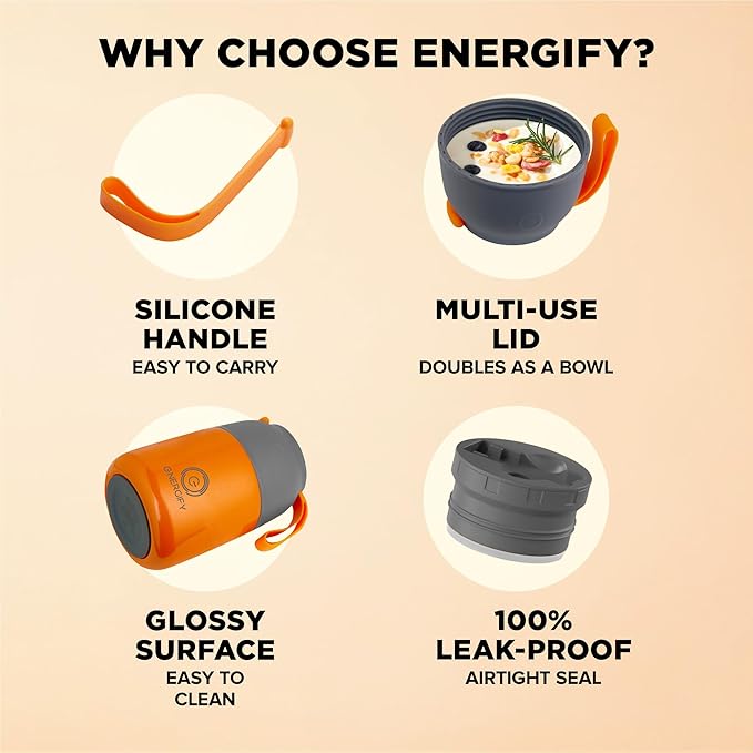 ENERGIFY Vacuum Insulated Food Jar. Large 17oz Bowl incl. Folding Spoon, Cup. Wide Mouth Keep Hot & Cold Drinks Soup Lunch Container for Adults. BPA-Free Stainless Steel, Leak Proof Orange