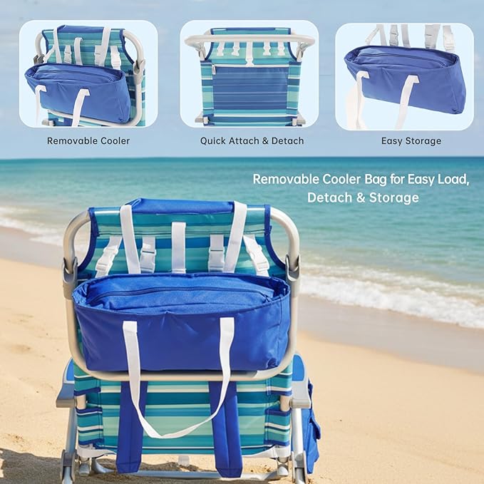 SUNNYFEEL Low Beach Chair 2 Pack, 5-Position Lay Flat Reclining, Backpack Portable Folding Chairs with Cooler Bag & Cup Holder, Heavy Duty 350 LBS, Compact for Beach, Camping, Travel
