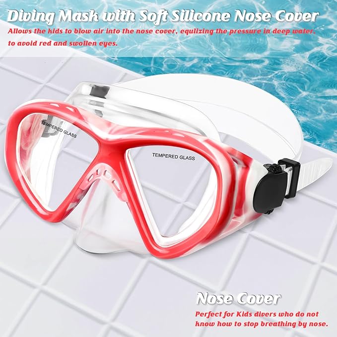 Kids Swim Goggles Snorkel Diving Mask for Boys Girls Ages 5-15, Two-Color Anti-Fog Swimming Goggles with Nose Cover
