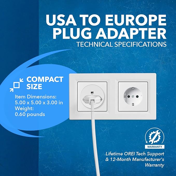 OREI American USA To European plug adapter – Type E/F schuko plug adapter - Use in Germany, France, & more - CE Certified – For Mobile, Laptop & Camera Chargers - 2 Pack