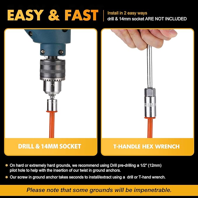 Zhengmy 12 Pcs Ground Anchors Screw in, 12 Inch Heavy Duty Tent Stakes with Trampoline Anchor Hook Ground Stakes for Camping Tent Canopies Ports Sheds Swing Sets Securing Animals (Orange)