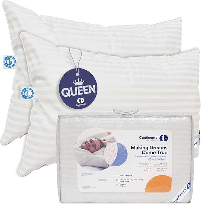 Continental Bedding | Serenity Goose Down Pillow | 700 Fill Power Hungarian White Down | 400TC Cotton Damask Shell | Made in USA | Queen, Medium | 2 Pack