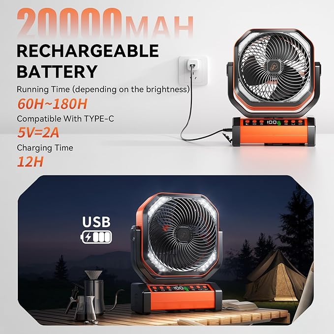 Camping LED Fan with Light, 20000mAh Rechargeable Battery Powered Outdoor Tent Fan with Light and Hook, 8 Speed, Personal USB Desk Fan for Camping, Fishing, Power Outage,Hurricane, Worksite